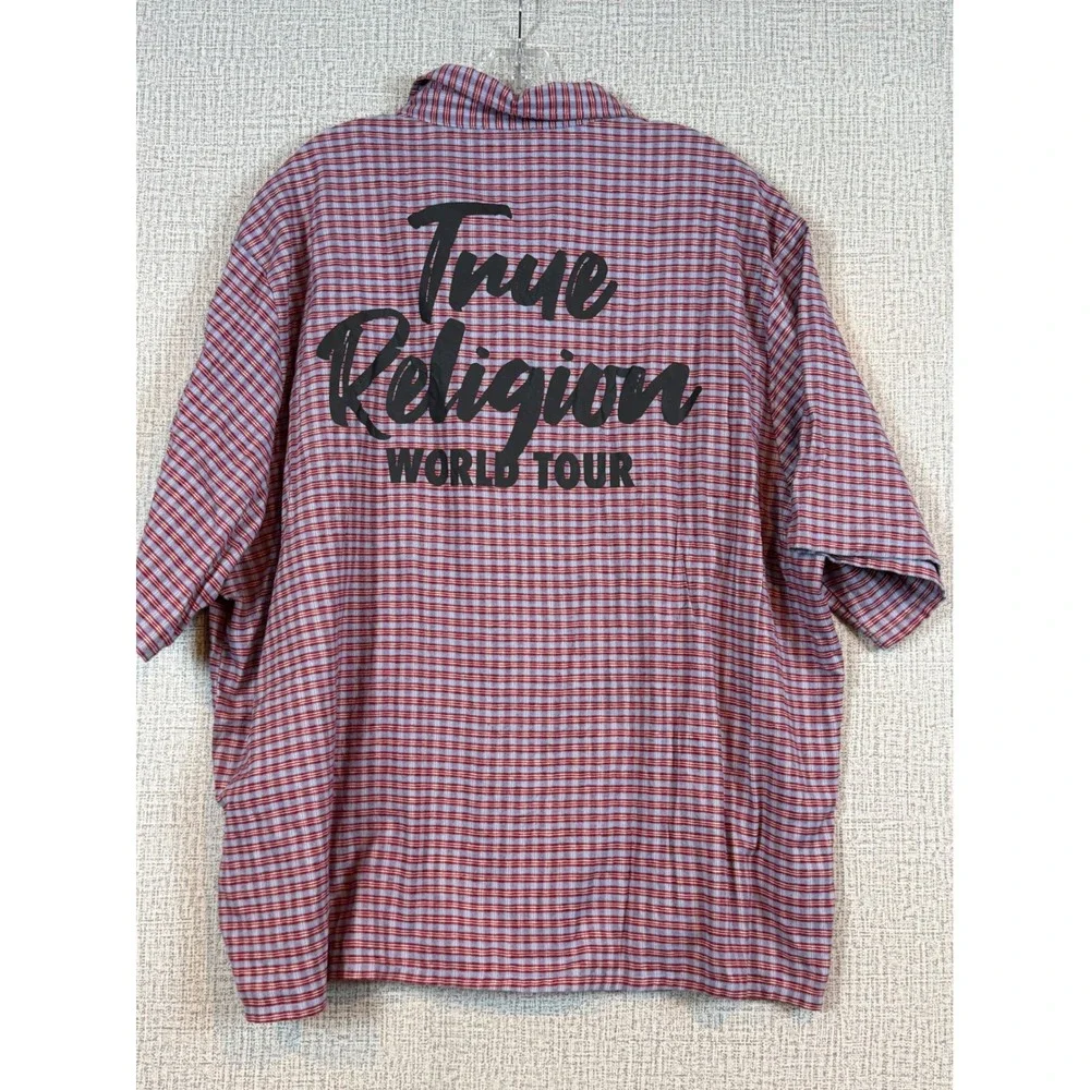 True Religion Mens 2XL Plaid Short Sleeve Button Down World Tour Graphic Shirt